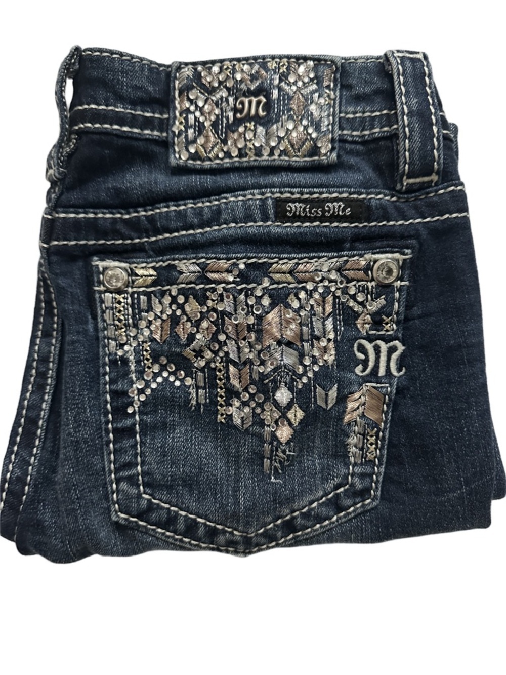 Miss Me Dark Wash Ankle Skinny Jeans Metallic Rhinestones Embellishment Y2K 28